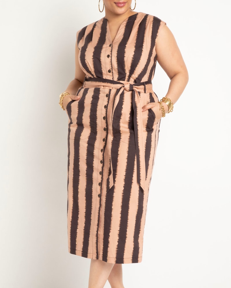 Front of a model wearing a size 16 Belted Midi Dress in Desert Ink Stripe by ELOQUII. | dia_product_style_image_id:295336